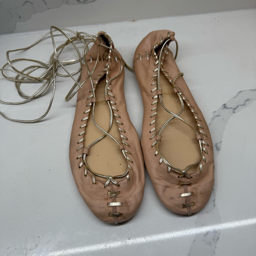 Christian Louboutin Pink and Gold Flats with Lace-Up Design